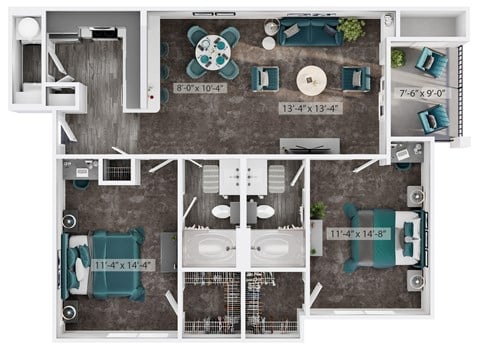 Floor plan for 2 beds, 2 baths, 1068 sqft